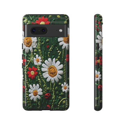 Intricate Embroidered Fabric Featuring Daisies And Ladybugs phone case design