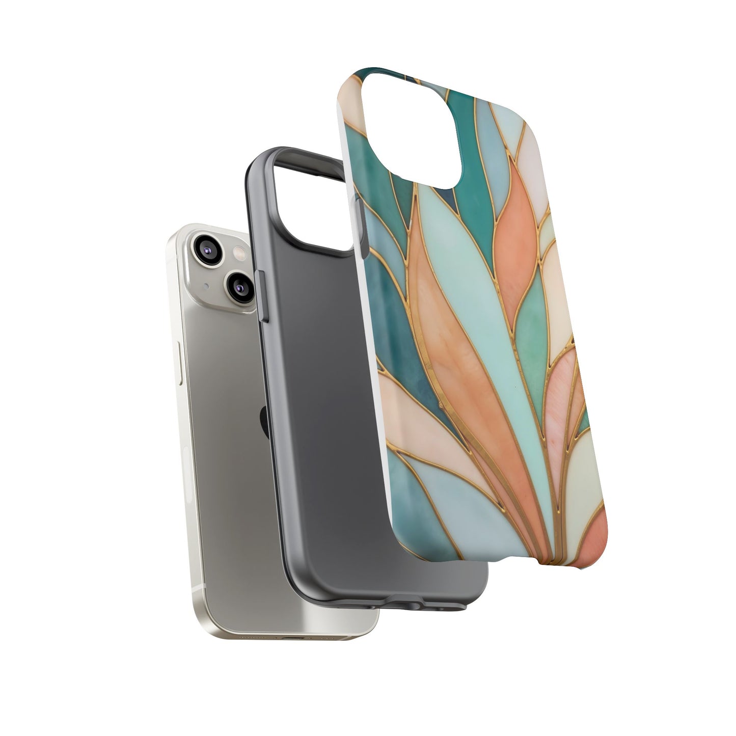 Geometric Leaves: Teal, Peach, and Gold Harmony