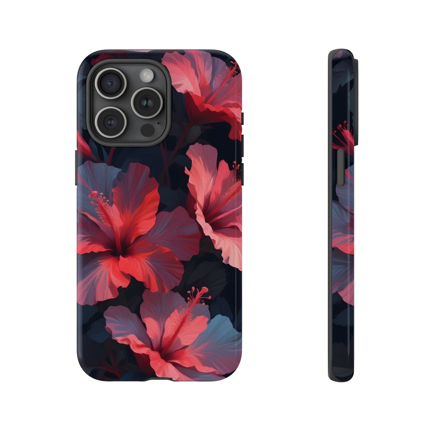 Vibrant red and pink hibiscus flowers blooming against a dark background| Floral phone case design