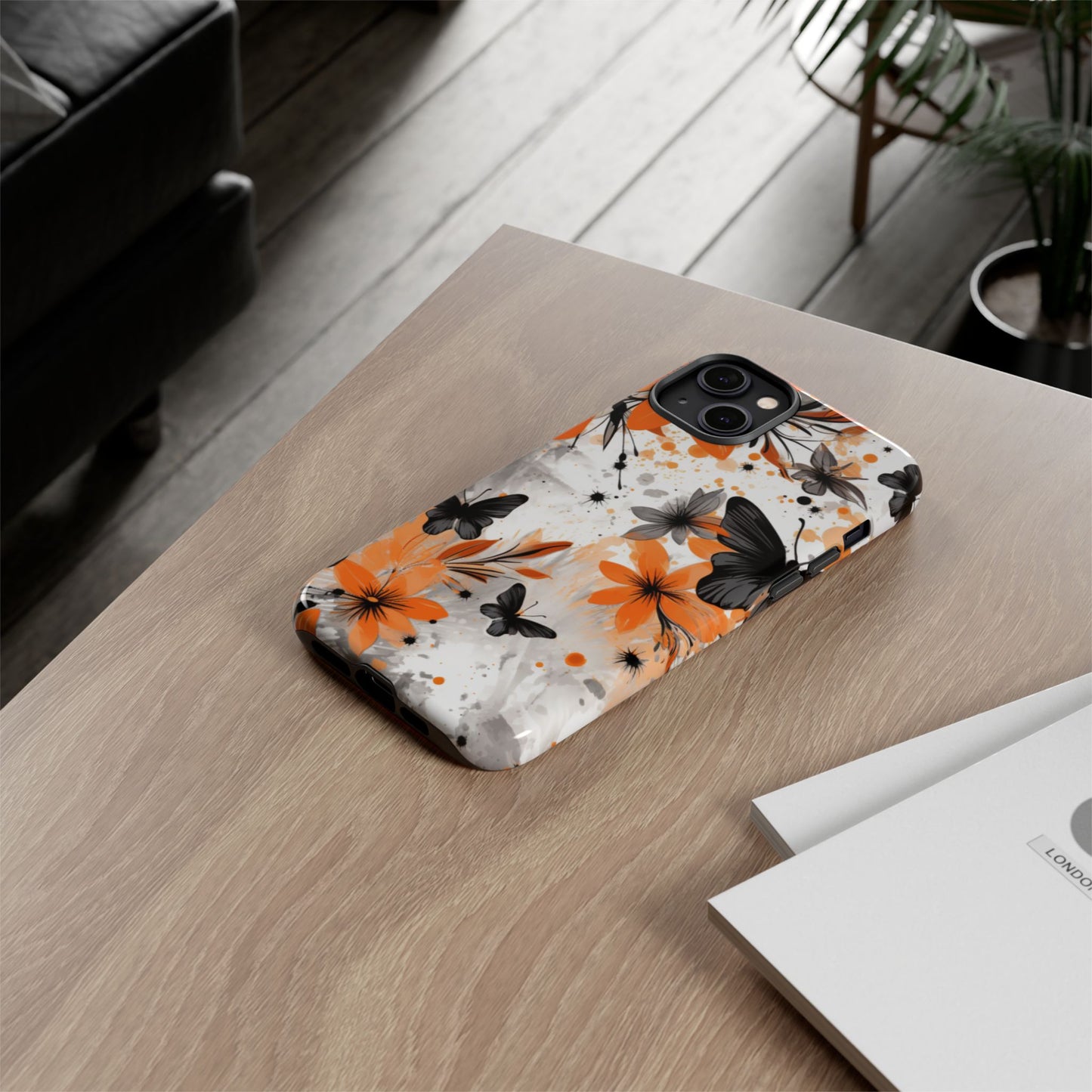 Bold Butterfly & Floral Splash Mobile Cover – Black & Orange Aesthetic