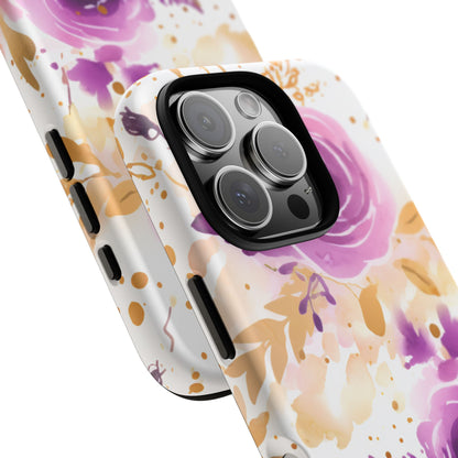 Purple Bloom Watercolor Mobile Case – Artistic Elegance in Gold & Lilac