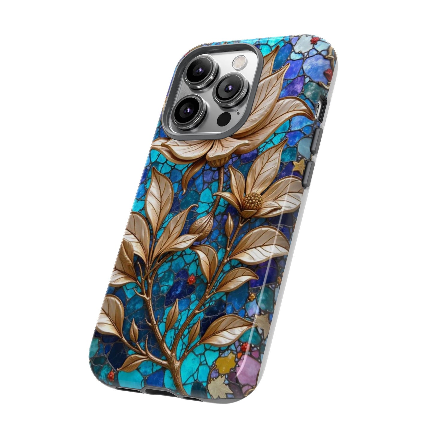 Golden Blossoms on Mosaic Blue Elegance