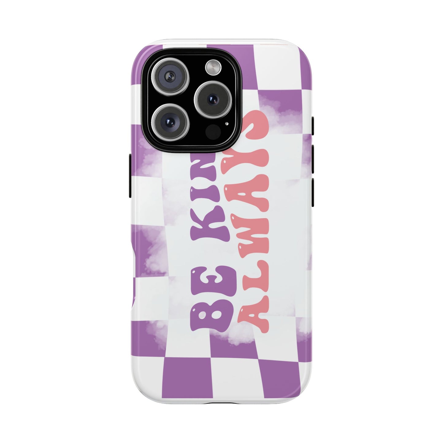 Be Kind Always Phone Case, Motivational Quote Cover for iPhone, Samsung & Google Pixel White Purple Checkered Pattern Phone Cover, Wavy Text Case, Kindness Phone Case, Inspirational Gift