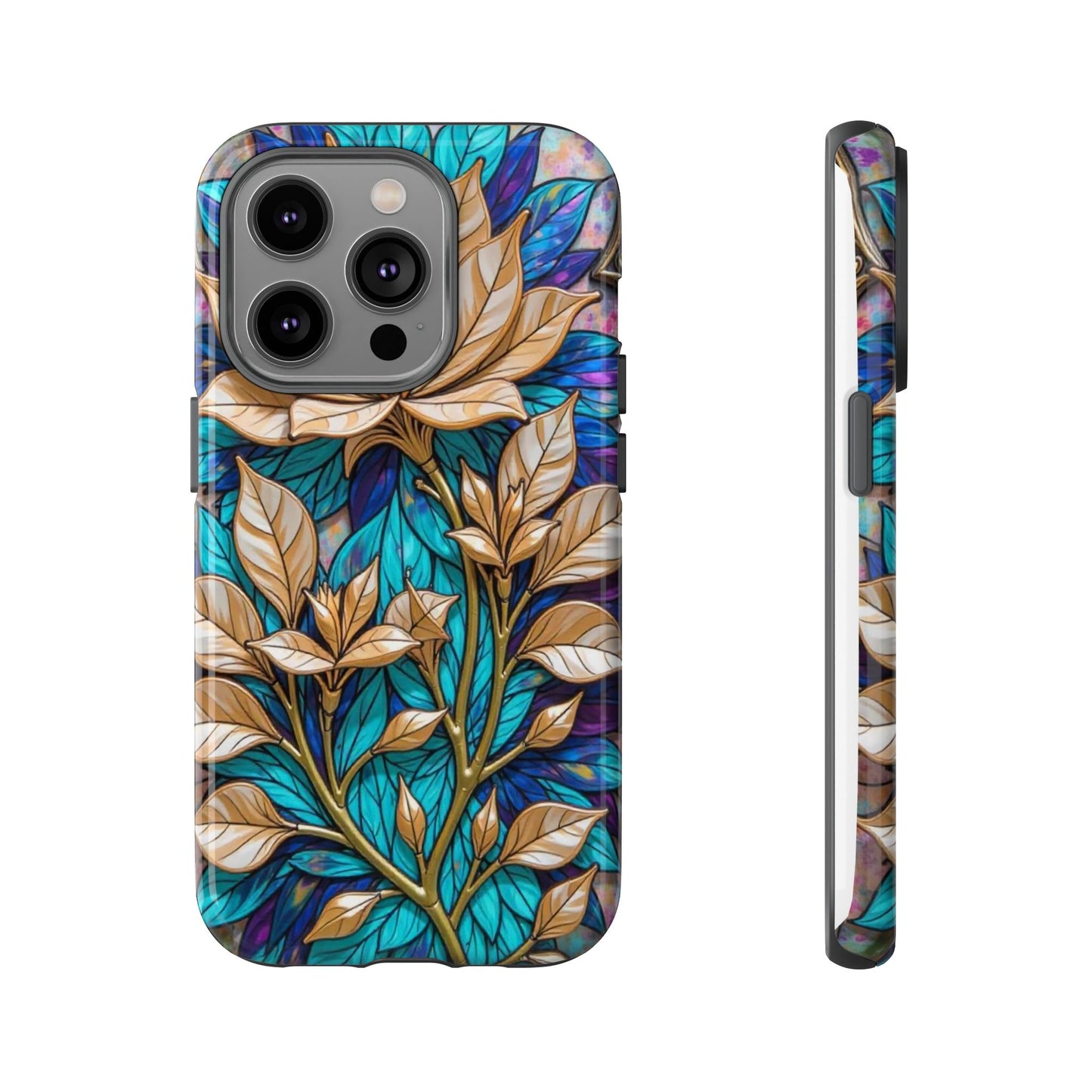 Majestic Golden Blossoms on Mosaic Blue Splendor