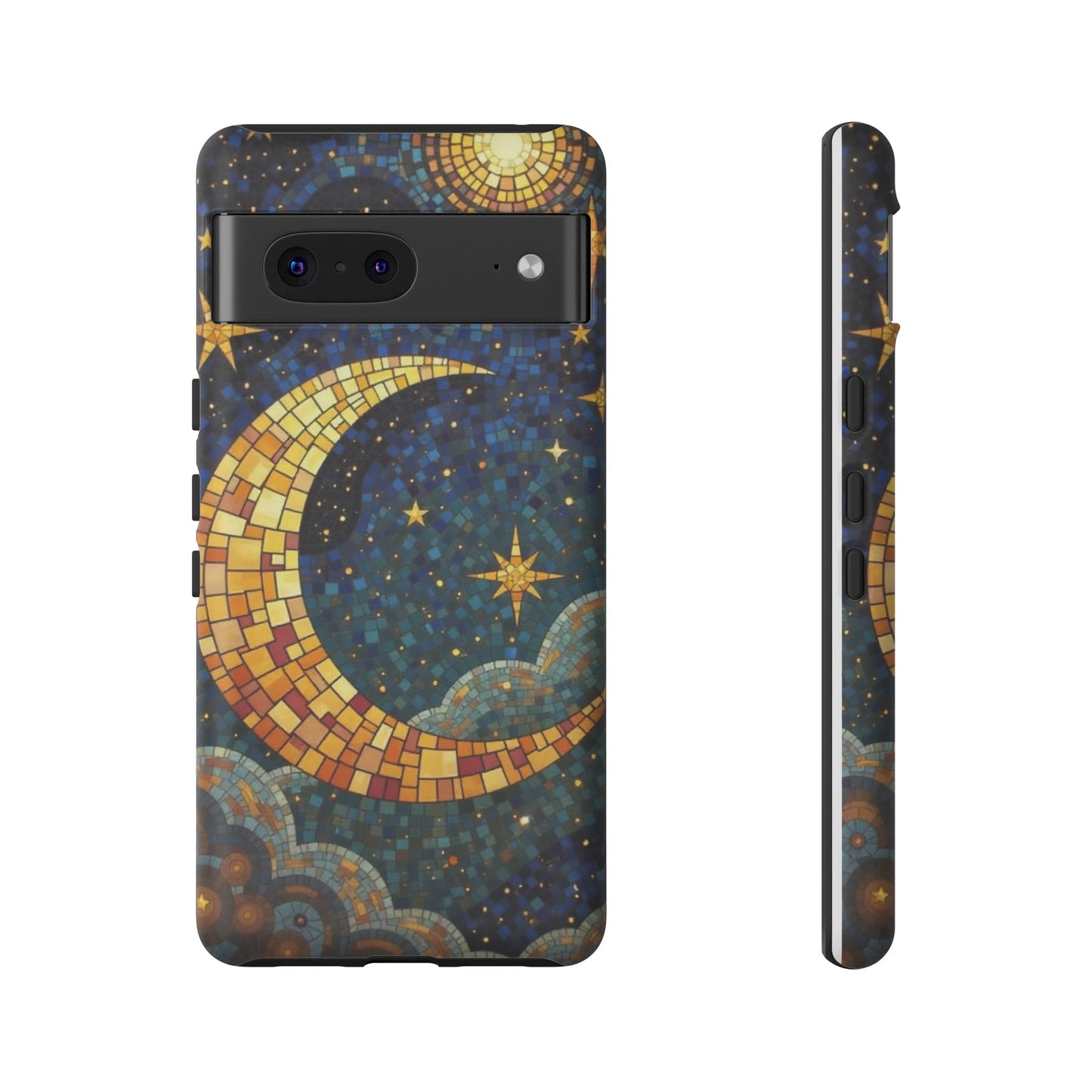 Golden Crescent: Mosaic Moon and Starry Night