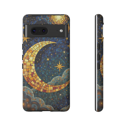 Golden Crescent: Mosaic Moon and Starry Night
