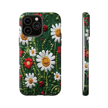 Intricate Embroidered Fabric Featuring Daisies And Ladybugs phone case design