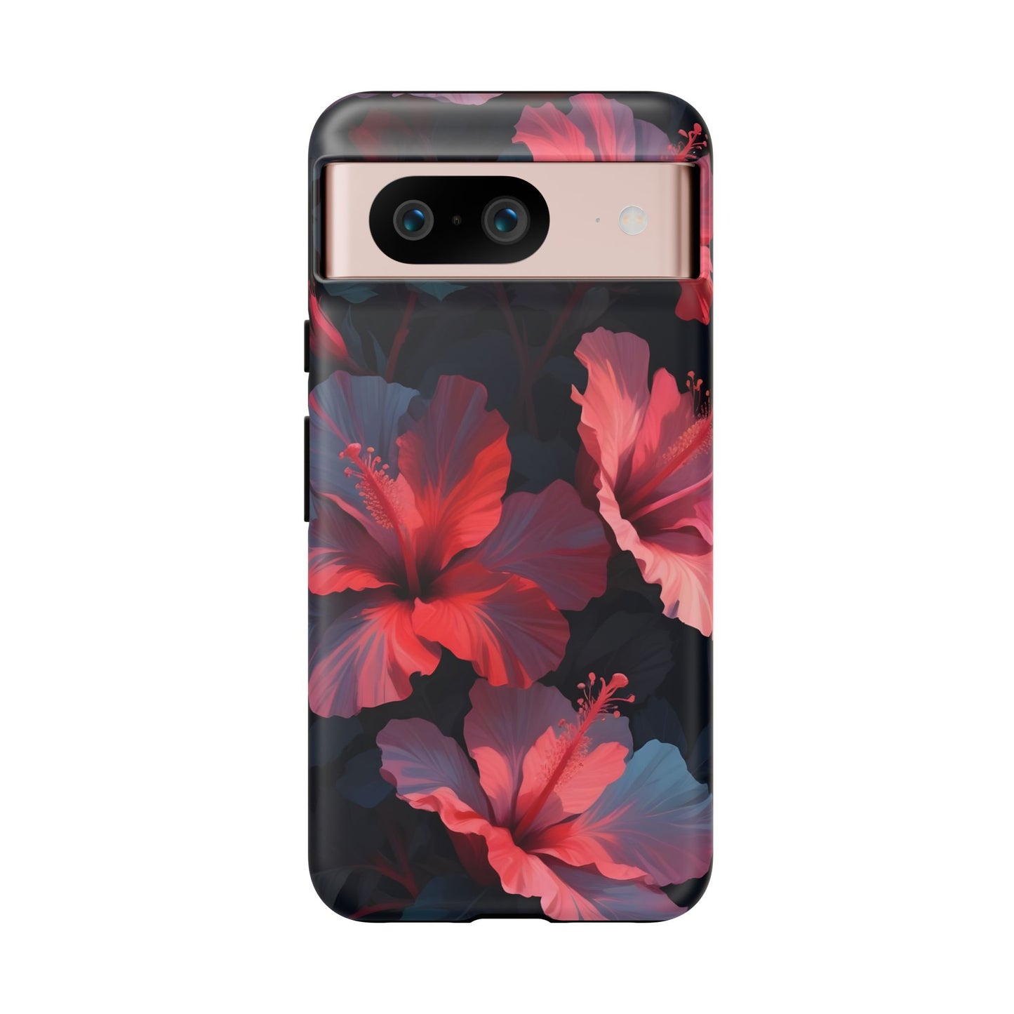 Vibrant red and pink hibiscus flowers blooming against a dark background| Floral phone case design