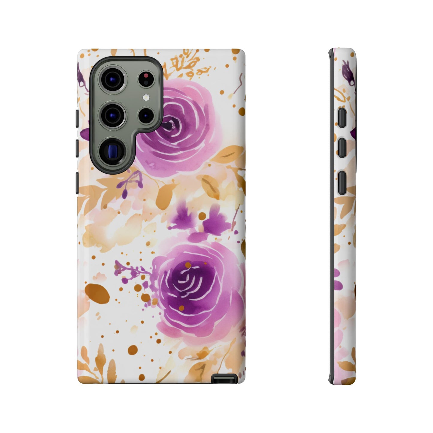 Purple Bloom Watercolor Mobile Case – Artistic Elegance in Gold & Lilac