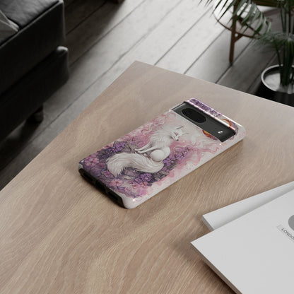 Whimsical White Fox Surrounded By Lavender And Pink Blooms phone case design.