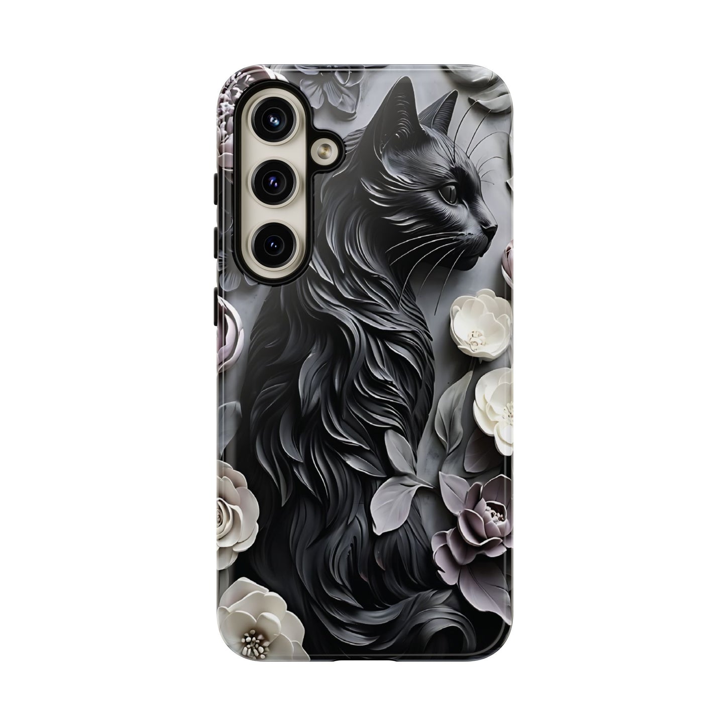 Intricate Bas-Relief Sculpture Of Black Cat Among Flowers phone case design