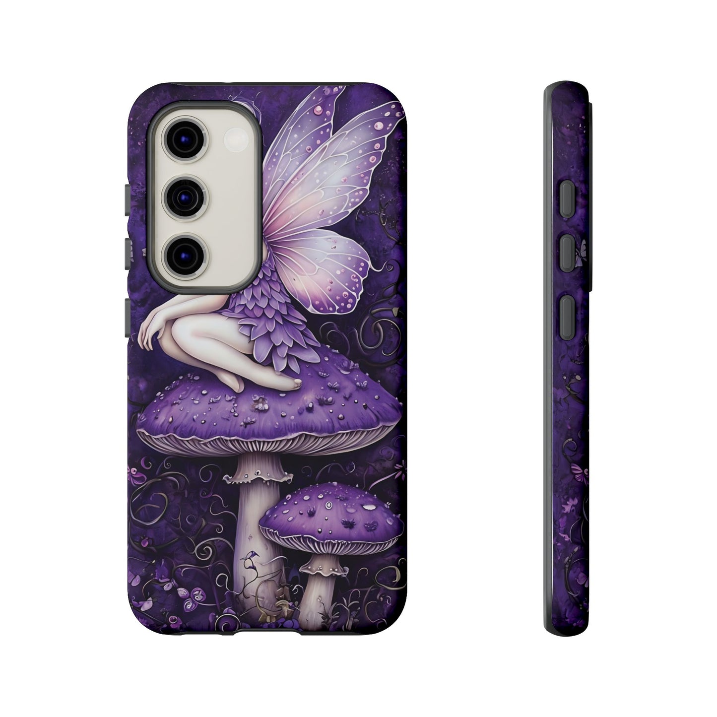 Whimsical Fairy Seated On Purple Mushroom In Enchanting Scene phone case design.