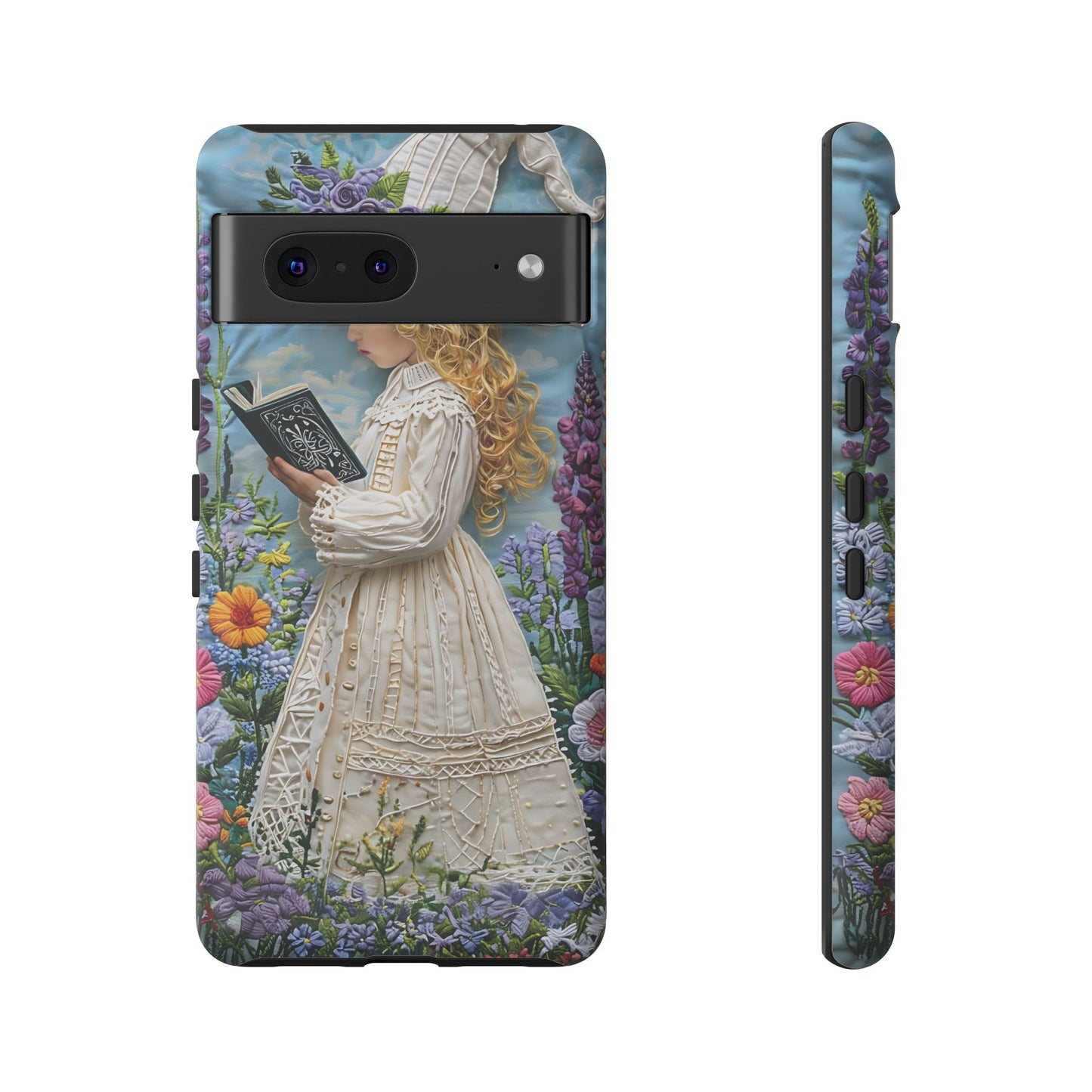 Whimsical Embroidery Of A Girl Reading In A Garden phone case design.