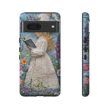 Whimsical Embroidery Of A Girl Reading In A Garden phone case design.