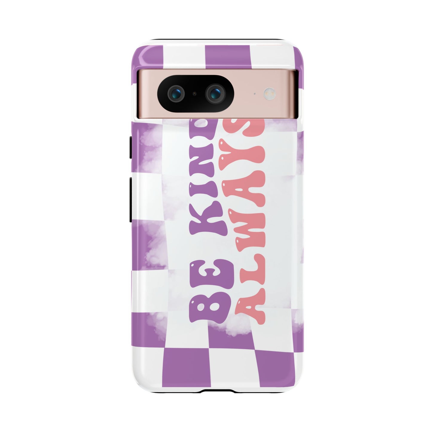 Be Kind Always Phone Case, Motivational Quote Cover for iPhone, Samsung & Google Pixel White Purple Checkered Pattern Phone Cover, Wavy Text Case, Kindness Phone Case, Inspirational Gift