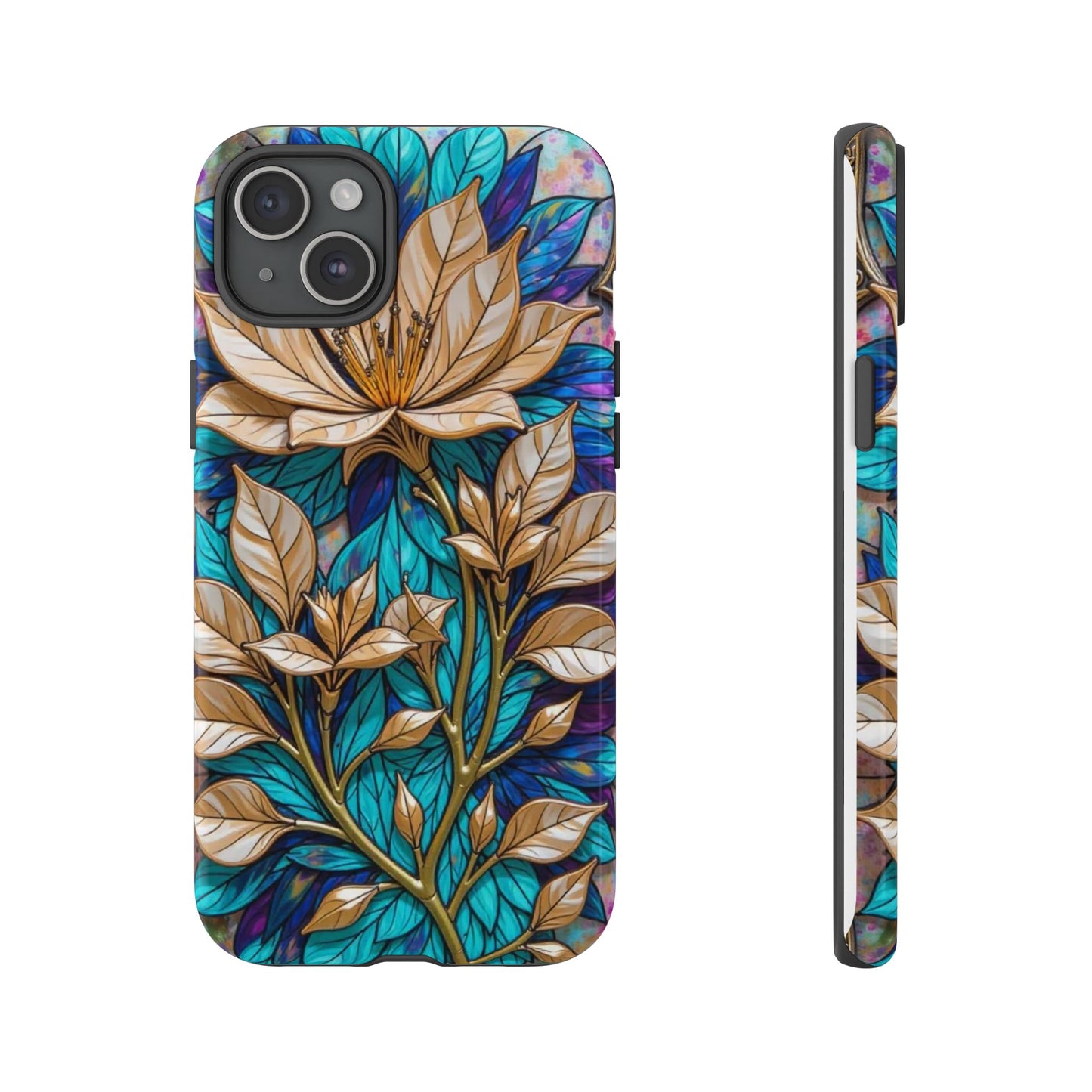 Majestic Golden Blossoms on Mosaic Blue Splendor