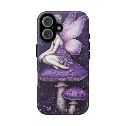 Whimsical Fairy Seated On Purple Mushroom In Enchanting Scene phone case design.