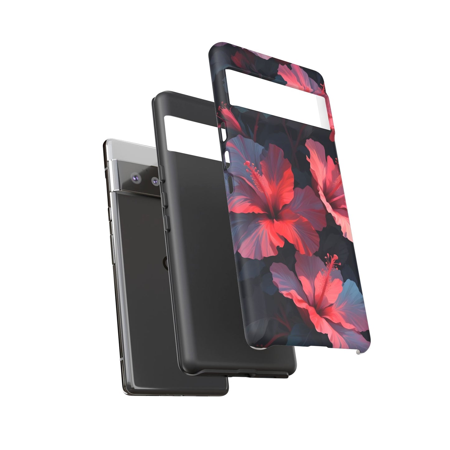 Vibrant red and pink hibiscus flowers blooming against a dark background| Floral phone case design