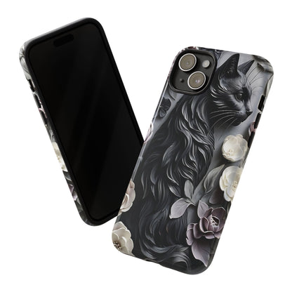 Intricate Bas-Relief Sculpture Of Black Cat Among Flowers phone case design