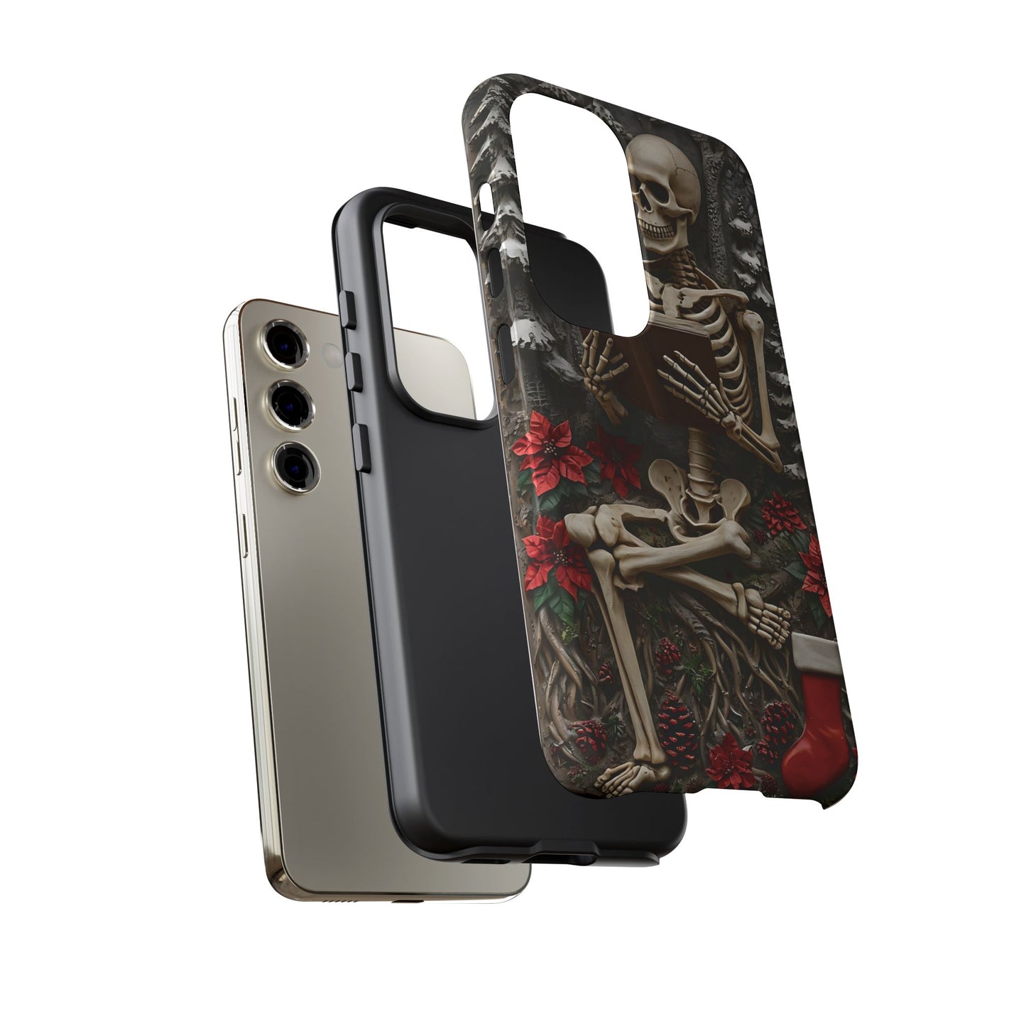 Surreal Relief Sculpture of Skeleton Reading Amidst Festive Decor phone case design