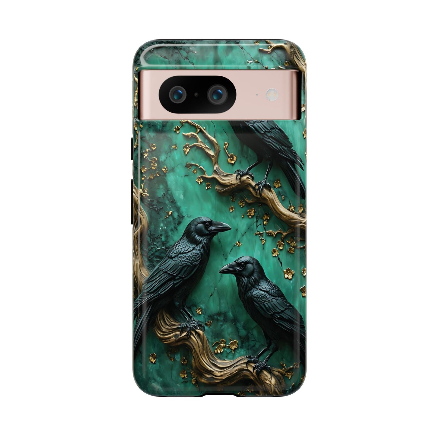 Three Black Ravens Perched On Gold-Accent Branches phone case design
