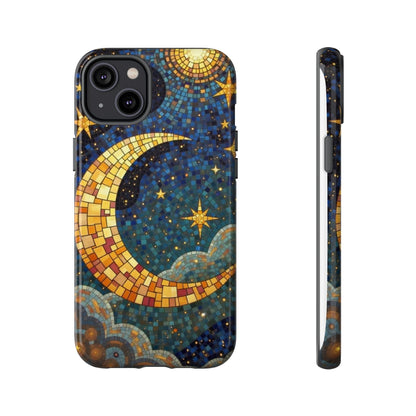 Golden Crescent: Mosaic Moon and Starry Night