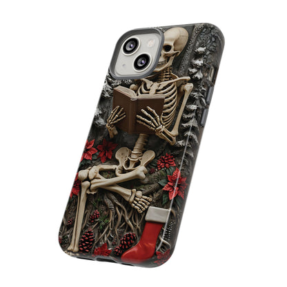 Surreal Relief Sculpture of Skeleton Reading Amidst Festive Decor phone case design