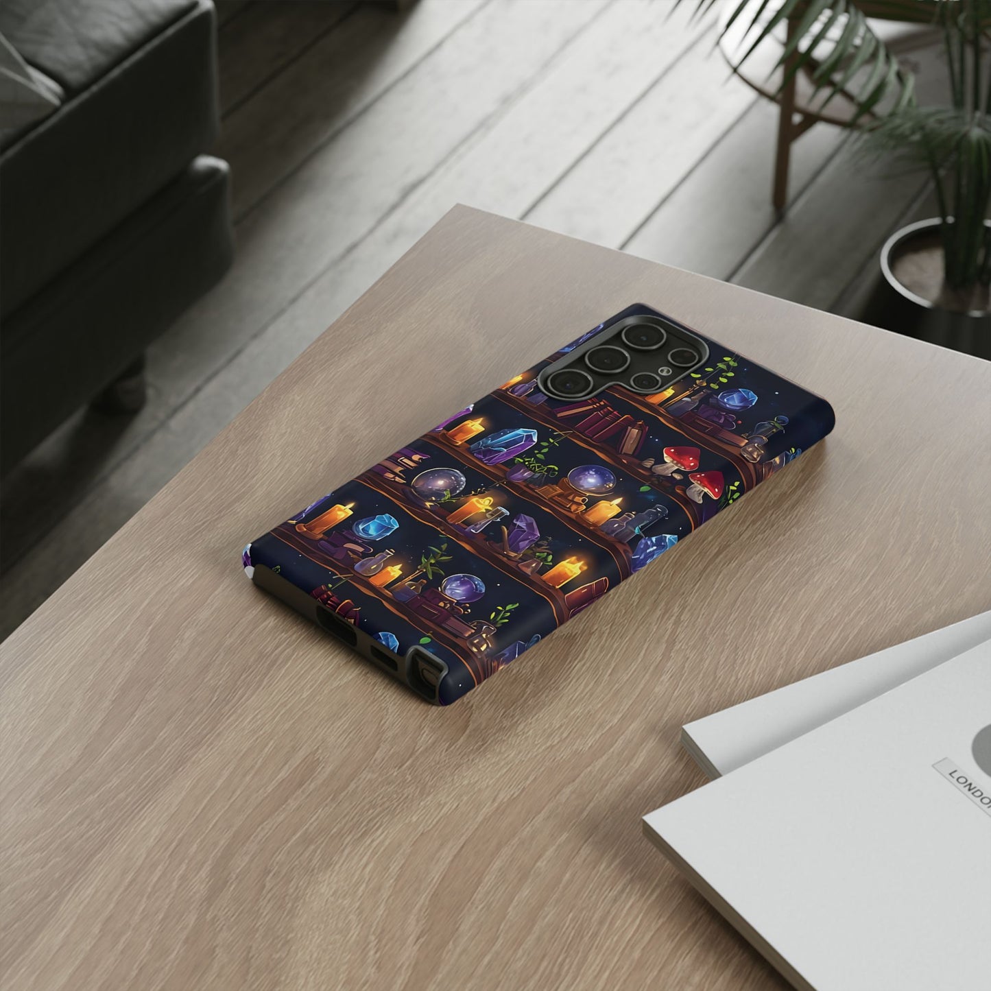 Fantasy Seamless Pattern Of Wooden Shelves Filled With Mystical Items phone case design.