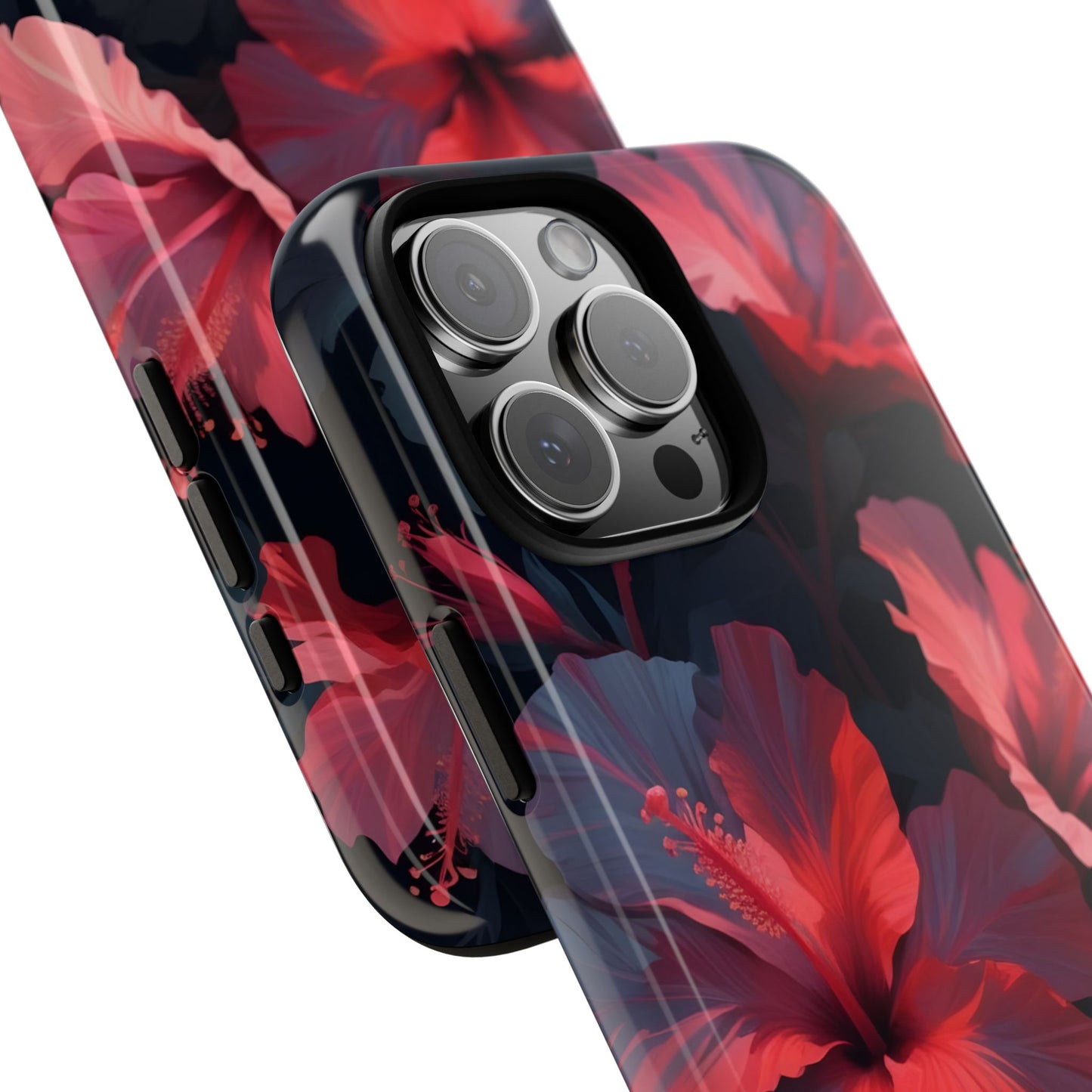 Vibrant red and pink hibiscus flowers blooming against a dark background| Floral phone case design