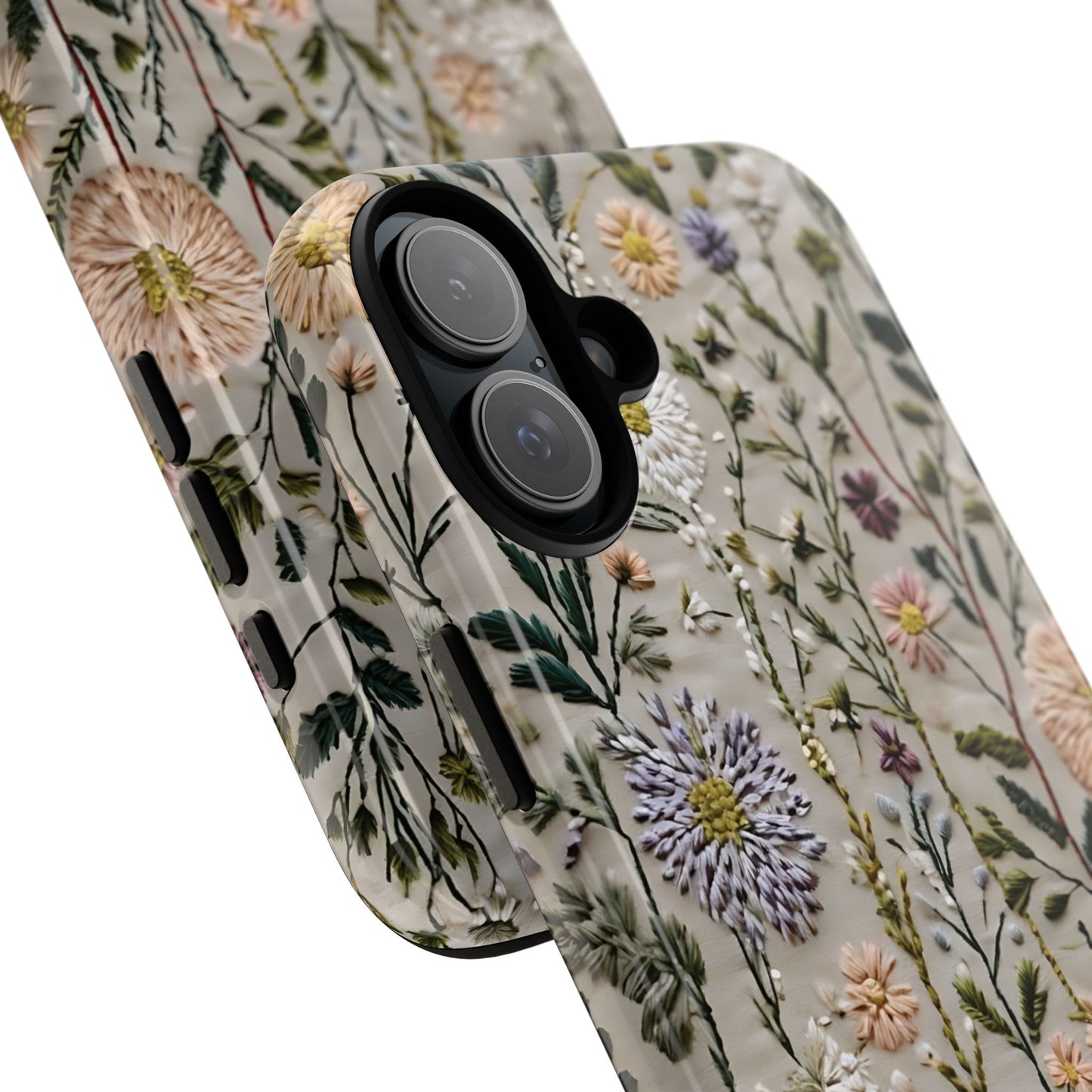 Intricate Embroidery Artwork Featuring Botanical Elements On Beige phone case design.