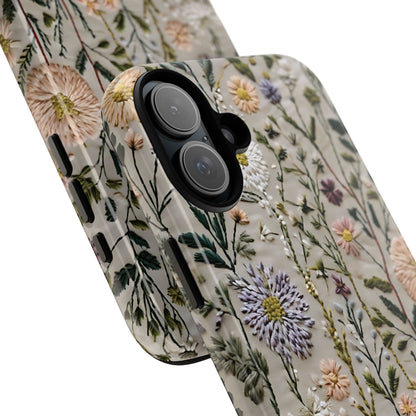 Intricate Embroidery Artwork Featuring Botanical Elements On Beige phone case design.