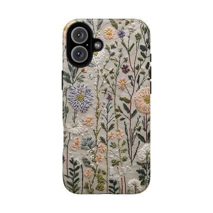 Intricate Embroidery Artwork Featuring Botanical Elements On Beige phone case design.