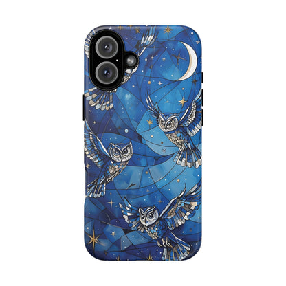 Surrealistic Owls Soaring Through A Celestial Night Sky phone case design.