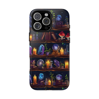 Fantasy Seamless Pattern Of Wooden Shelves Filled With Mystical Items phone case design.