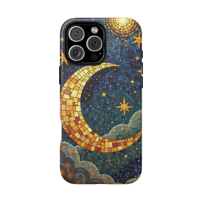 Golden Crescent: Mosaic Moon and Starry Night