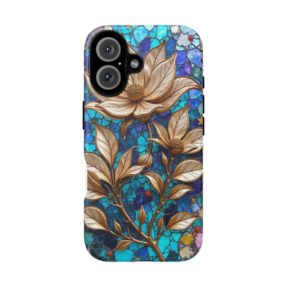 Golden Blossoms on Mosaic Blue Elegance