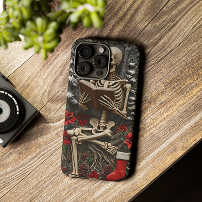 Surreal Relief Sculpture of Skeleton Reading Amidst Festive Decor phone case design