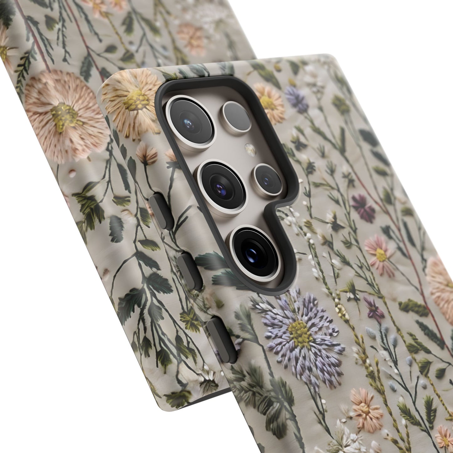 Intricate Embroidery Artwork Featuring Botanical Elements On Beige phone case design.