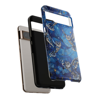 Surrealistic Owls Soaring Through A Celestial Night Sky phone case design.