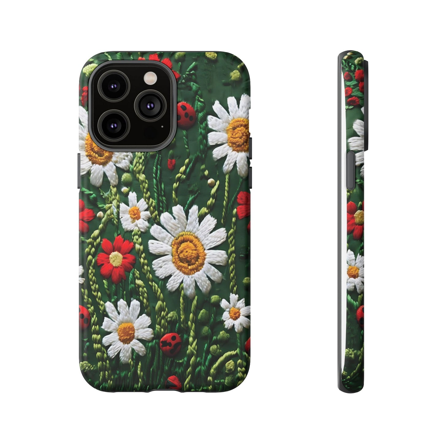 Intricate Embroidered Fabric Featuring Daisies And Ladybugs phone case design