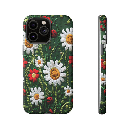 Intricate Embroidered Fabric Featuring Daisies And Ladybugs phone case design