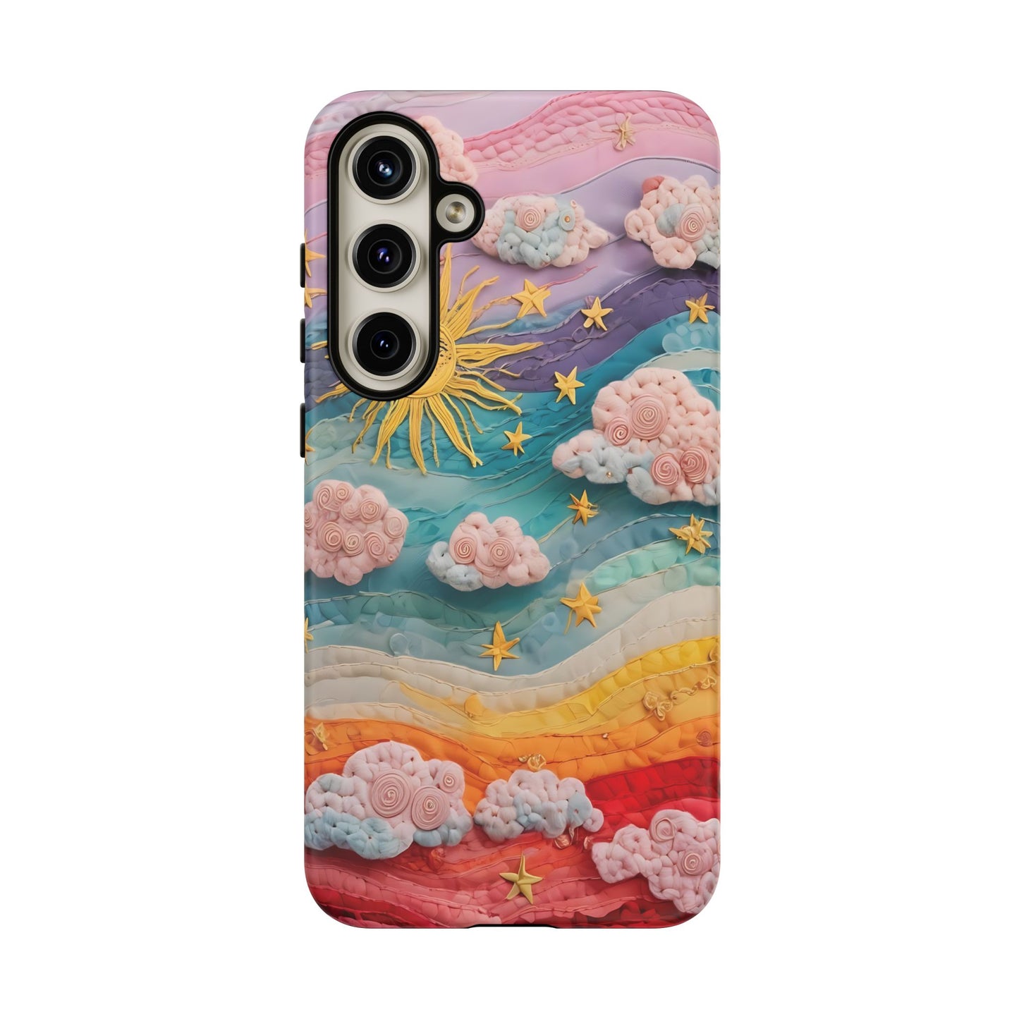 Whimsical Fiber Art Sky Scene With Dynamic Stripes And Clouds phone case design.