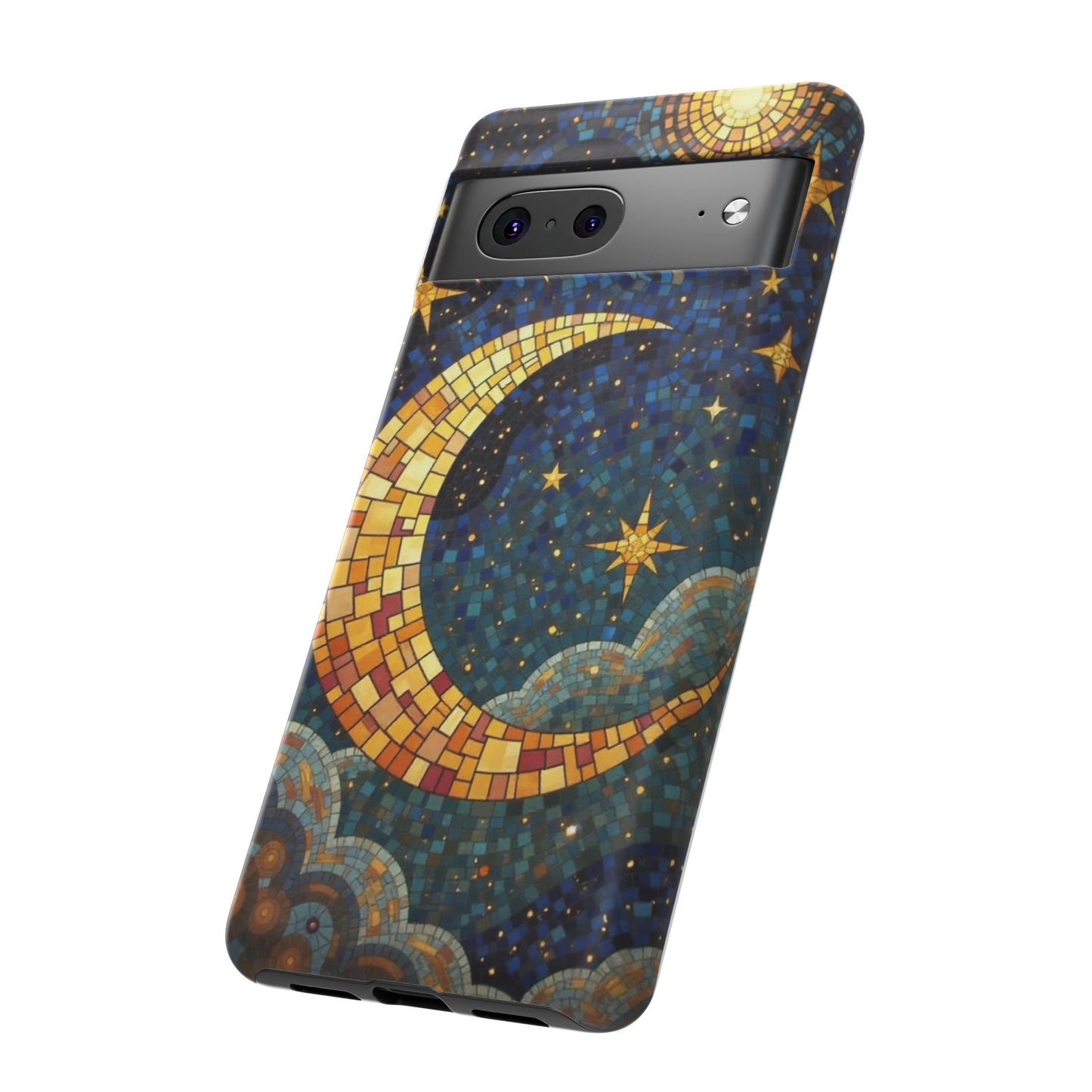 Golden Crescent: Mosaic Moon and Starry Night