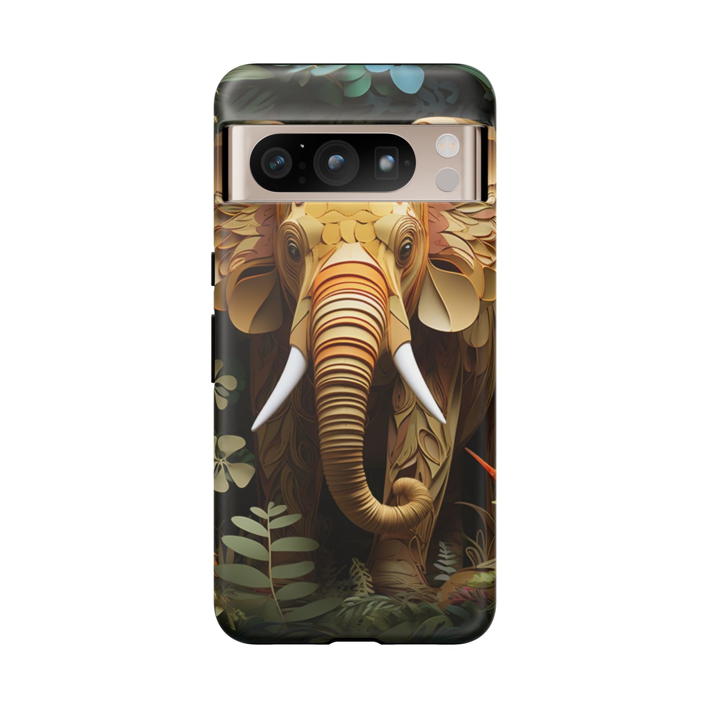 Golden Jungle Elephant Mobile Cover – Intricate Paper Art Design