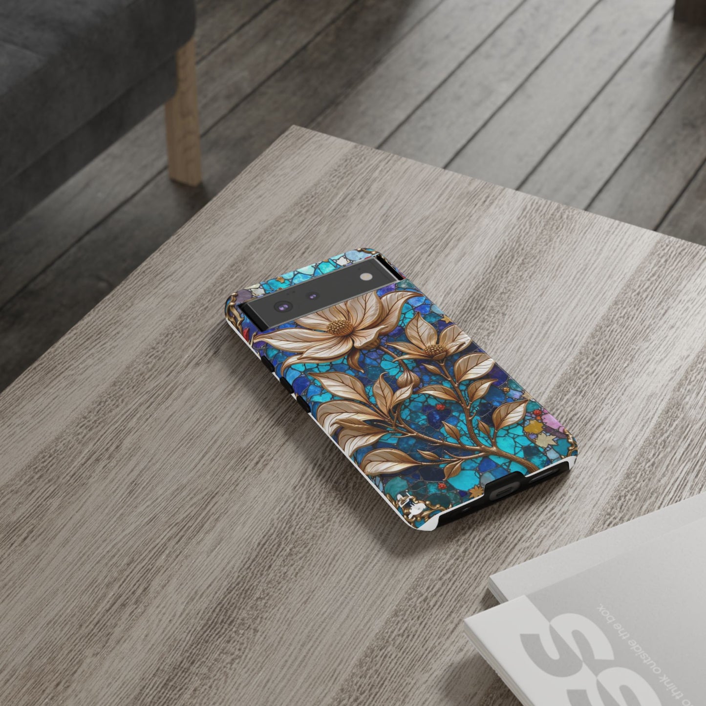 Golden Blossoms on Mosaic Blue Elegance