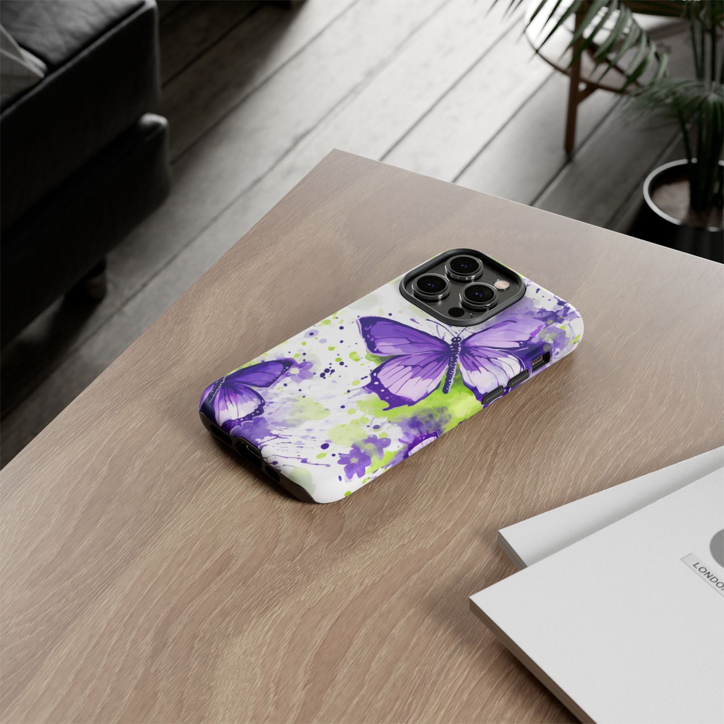 Vibrant Purple Butterfly Splash Mobile Cover – Artistic Green & Violet Aesthetic