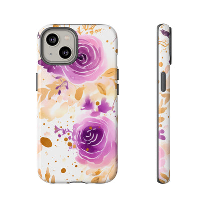 Purple Bloom Watercolor Mobile Case – Artistic Elegance in Gold & Lilac