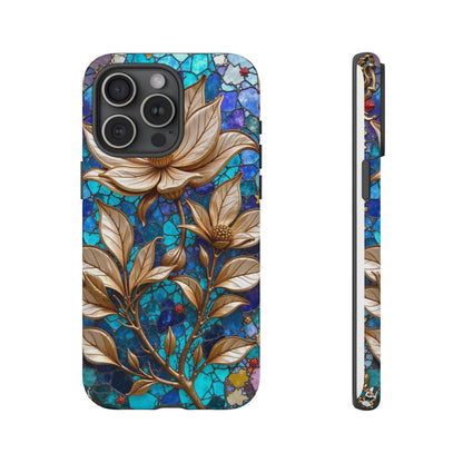 Golden Blossoms on Mosaic Blue Elegance