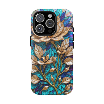 Majestic Golden Blossoms on Mosaic Blue Splendor