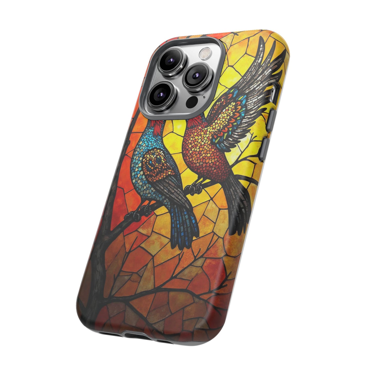 Vibrant Hummingbirds with Stained Glass Charm